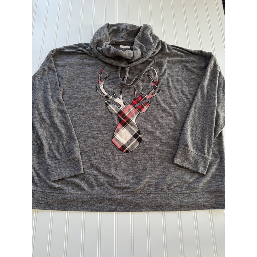 Maurices‎ Gray Cowl Neck Sweatshirt 2X Red Plaid Reindeer Pullover